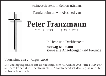Traueranzeige von Peter Franzmann von Trauerportal Rhein Main Presse