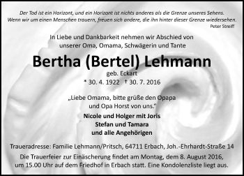 Traueranzeige von Bertha Lehmann von Trauerportal Echo Online