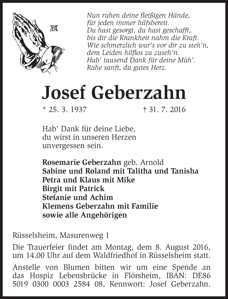  Traueranzeige für Josef Geberzahn vom 03.08.2016 aus Trauerportal Rhein Main Presse