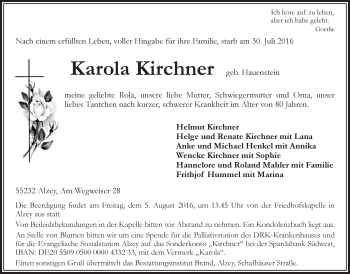 Traueranzeige von Karola Kirchner von Trauerportal Rhein Main Presse