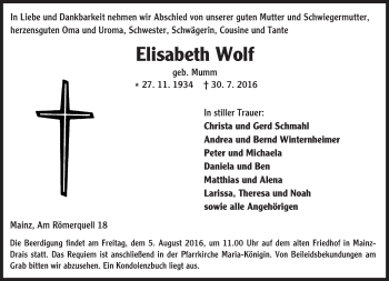 Traueranzeige von Elisabeth Wolf von Trauerportal Rhein Main Presse