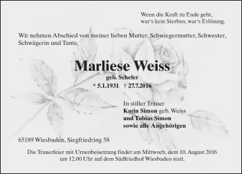 Traueranzeige von Marliese Weiss von Trauerportal Rhein Main Presse