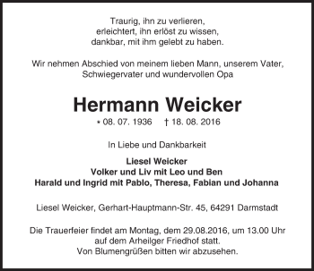 Traueranzeige von Hermann Weicker von Trauerportal Echo Online