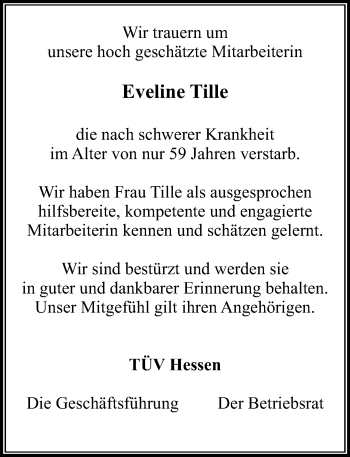 Traueranzeige von Eveline Tille von Trauerportal Echo Online