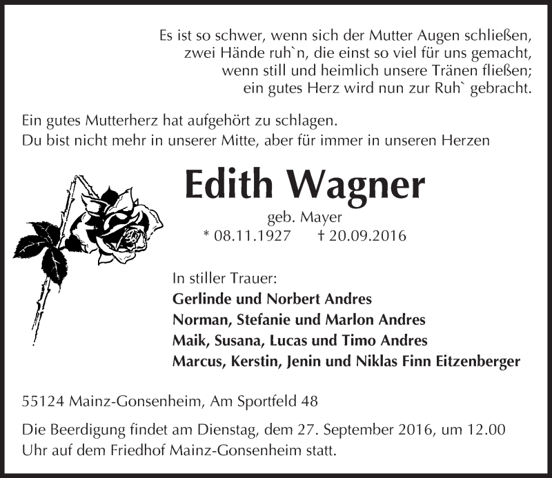 Traueranzeigen von Edith Wagner | www.vrm-trauer.de