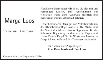 Traueranzeige von Marga Loos von Trauerportal Rhein Main Presse