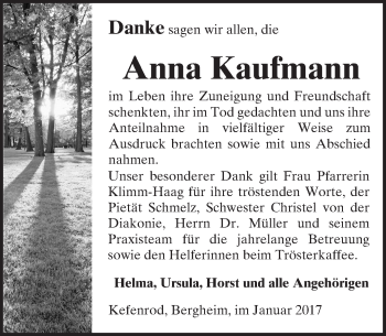 Traueranzeige von Anna Kaufmann von  Kreisanzeiger