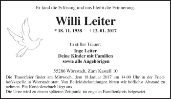 Traueranzeige von Willi Leiter von Trauerportal Rhein Main Presse