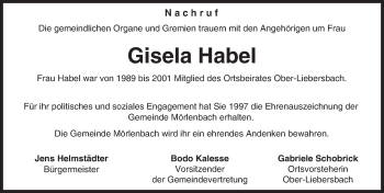 Traueranzeige von Gisela Habel von Trauerportal Echo Online