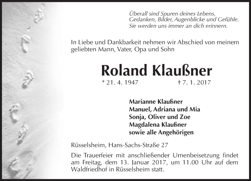  Traueranzeige für Roland Klaußner vom 10.01.2017 aus Trauerportal Rhein Main Presse