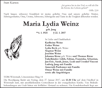 Traueranzeige von Maria Lydia Weinz von Trauerportal Rhein Main Presse