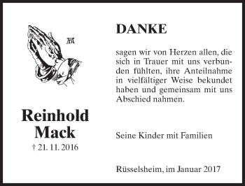 Traueranzeige von Reinhold Mack von Trauerportal Rhein Main Presse