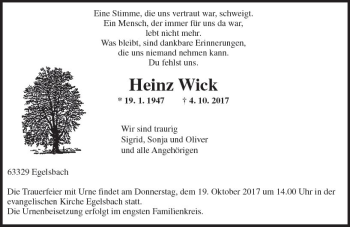 Traueranzeige von Heinz Wick von Trauerportal Echo Online