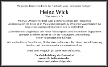 Traueranzeige von Heinz Wick von Trauerportal Echo Online