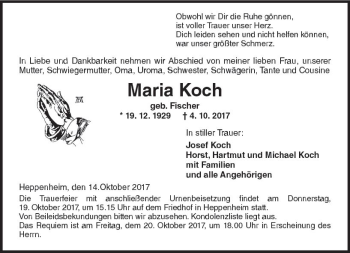 Traueranzeige von Maria Koch von Trauerportal Echo Online