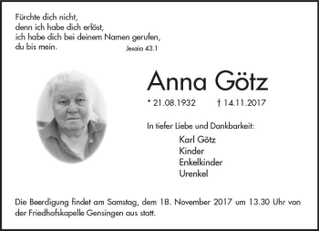 Traueranzeige von Anna Götz von Trauerportal Rhein Main Presse