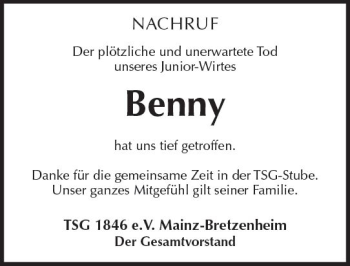 Traueranzeige von Benny  von Trauerportal Rhein Main Presse