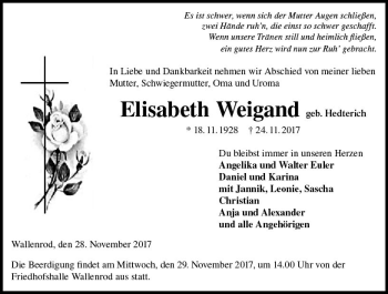 Traueranzeige von Elisabeth Weigand von VRM Trauer