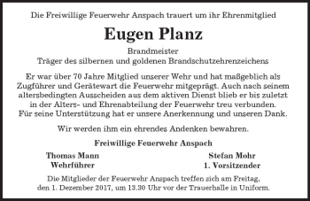 Traueranzeige von Eugen Planz von  Usinger Anzeiger