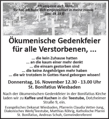 Traueranzeige von Gedenkfeier Obdachlose von Trauerportal Rhein Main Presse