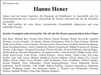 Traueranzeige von Hanno Hener von Trauerportal Echo Online