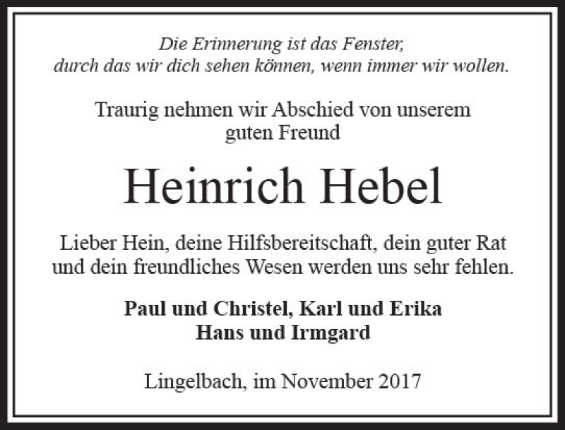  Traueranzeige für Heinrich Hebel vom 02.11.2017 aus VRM Trauer