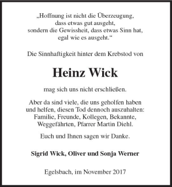 Traueranzeige von Heinz Wick von Trauerportal Echo Online