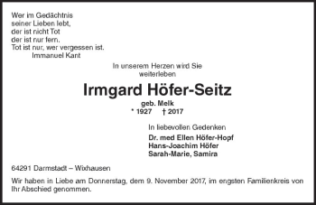 Traueranzeige von Irmgard Höfer-Seitz von Trauerportal Echo Online