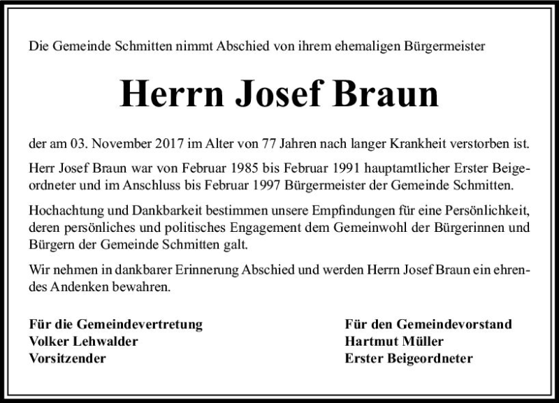 Traueranzeigen Von Josef Braun | Www.vrm-trauer.de