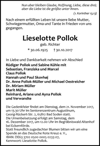 Traueranzeige von Lieselotte Pollok von Trauerportal Rhein Main Presse