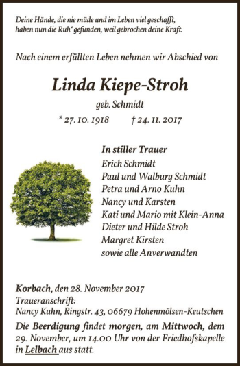 Traueranzeige von Linda Kiepe-Stroh von VRM Trauer