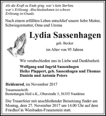 Traueranzeige von Lydia Sassenhagen von Trauerportal Rhein Main Presse