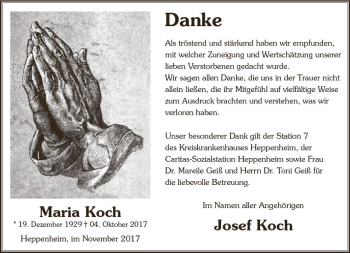 Traueranzeige von Maria Koch von Trauerportal Echo Online