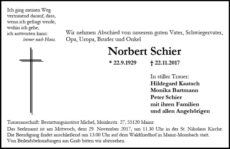 Traueranzeigen von Norbert Schier | www.vrm-trauer.de