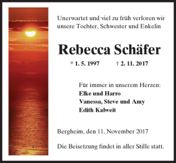 Traueranzeige von Rebecca Schäfer von  Kreisanzeiger