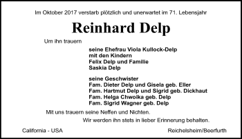 Traueranzeige von Reinhard Delp von Trauerportal Echo Online