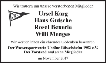 Traueranzeige von Totentafel vom 25.11.2017 von Trauerportal Rhein Main Presse