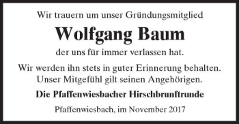 Traueranzeige von Wolfgang Baum von  Usinger Anzeiger