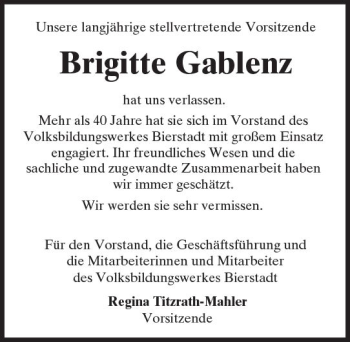 Traueranzeige von Brigitte Gablenz von Trauerportal Rhein Main Presse