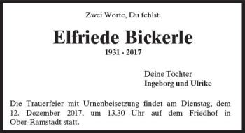 Traueranzeige von Elfriede Bickerle von Trauerportal Echo Online