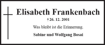 Traueranzeige von Elisabeth Frankenbach von Trauerportal Rhein Main Presse