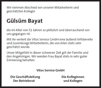 Traueranzeige von Gülsüm Bayat von Trauerportal Rhein Main Presse