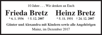 Traueranzeige von Heinz Bretz von Trauerportal Rhein Main Presse