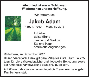 Traueranzeige von Jakob Adam von Trauerportal Echo Online