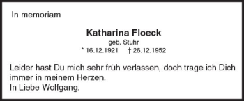 Traueranzeige von Katharina Floeck von Trauerportal Rhein Main Presse