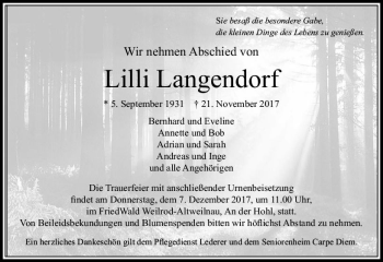 Traueranzeige von Lilli Langendorf von  Usinger Anzeiger