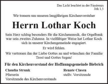 Traueranzeige von Lothar Koch von Trauerportal Rhein Main Presse