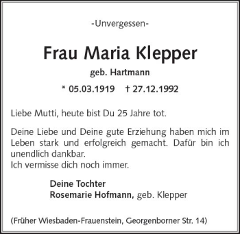 Traueranzeige von Maria Klepper von Trauerportal Rhein Main Presse