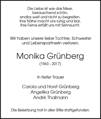 Traueranzeige von Monika Grünberg von Trauerportal Rhein Main Presse