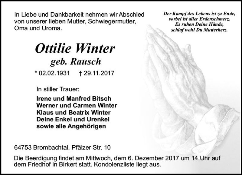  Traueranzeige für Ottilie Winter vom 02.12.2017 aus Trauerportal Echo Online